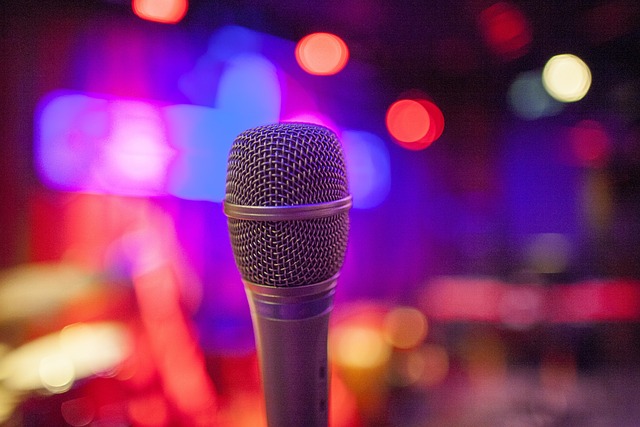 A microphone on a stage in front of a benefit auction, representing the expertise and professionalism of Hoffman Auctions.