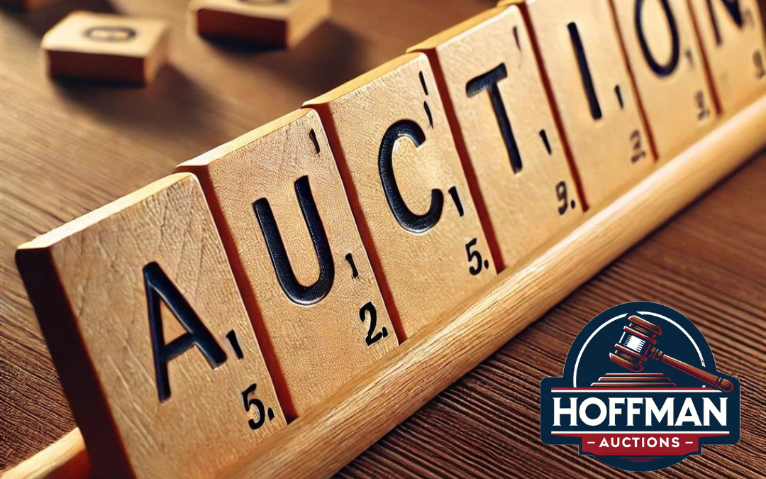 The word auction spelled out in scrabble tiles